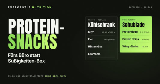 Protein Snacks fürs Büro: Skyr, Eier, Hüttenkäse und Edamame im Kühlschrank, Proteinriegel und Whey in der Schublade