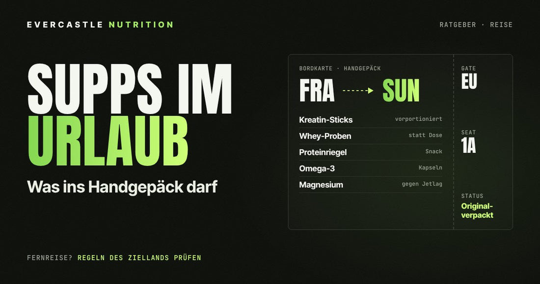 Supplements im Urlaub als Bordkarte: Kreatin-Sticks, Whey-Proben, Proteinriegel, Omega-3 und Magnesium im Handgepäck
