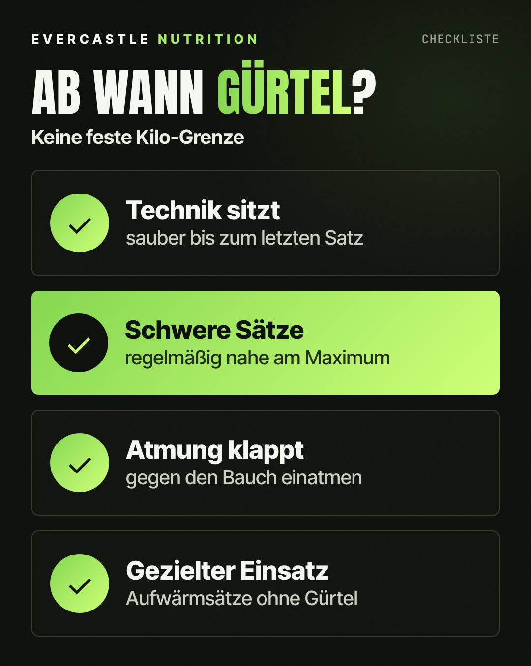 Checkliste: Ab wann ein Gewichthebergürtel sinnvoll ist: Technik sitzt, regelmäßig schwere Sätze, Atmung gegen den Bauch klappt, Aufwärmsätze ohne Gürtel