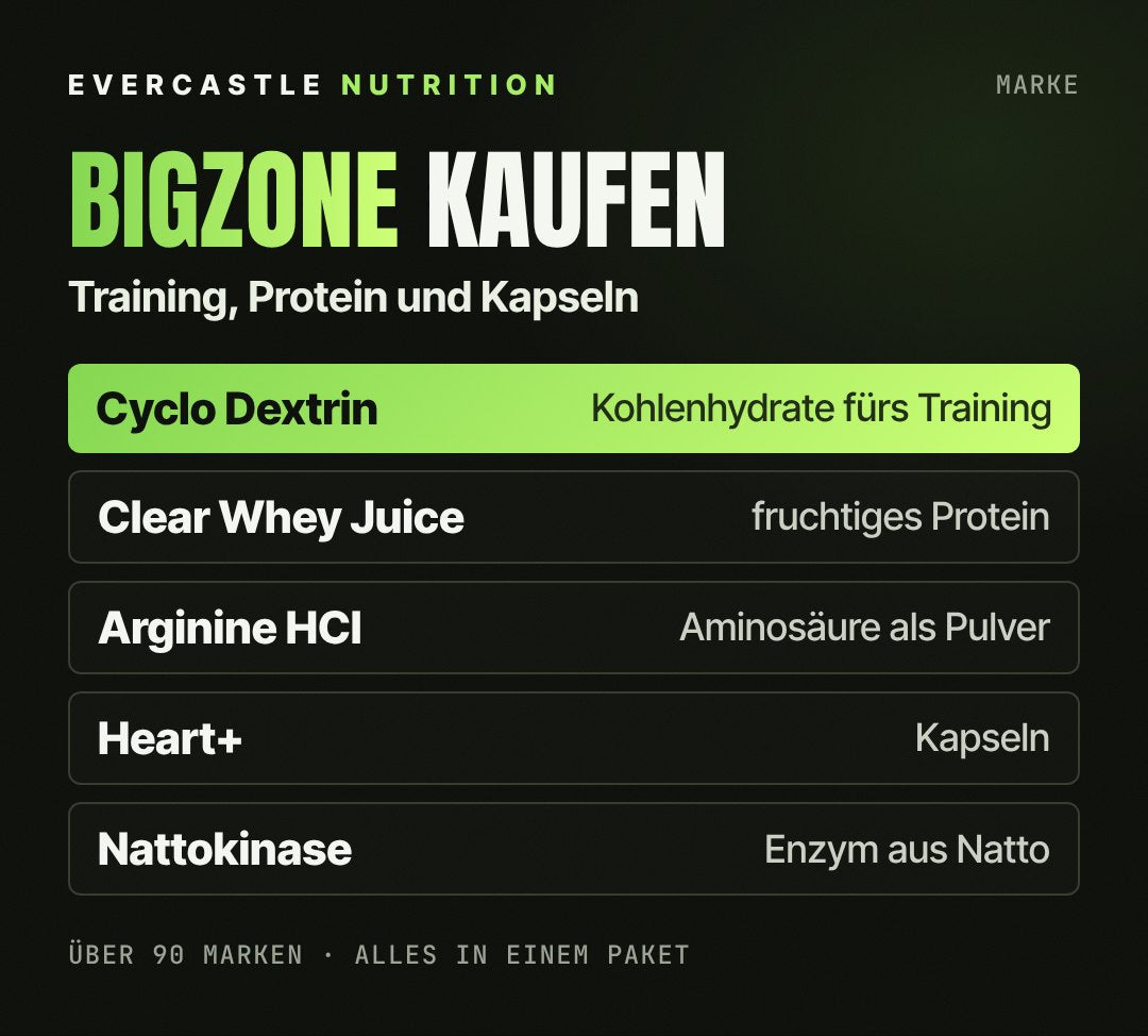 BigZone bei Evercastle: Highly Branched Cyclo Dextrin, Clear Whey Protein Juice, Arginine HCl, Heart+ und Nattokinase