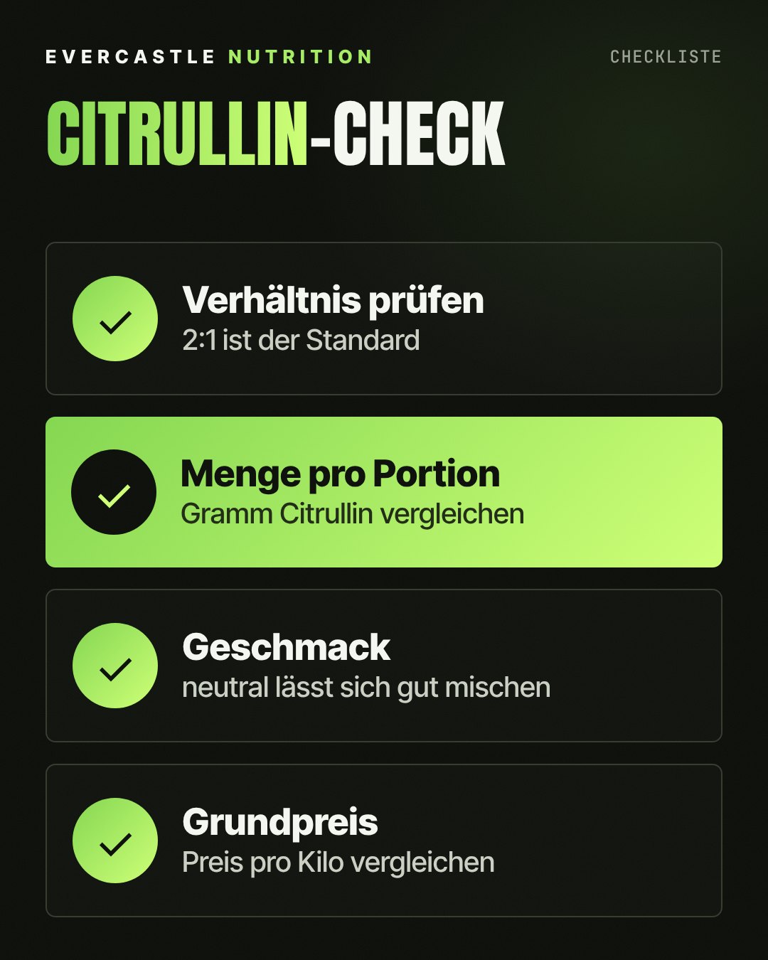 Checkliste für den Kauf von Citrullin Malat: Verhältnis 2:1 prüfen, Gramm Citrullin pro Portion vergleichen, neutral oder gemischt wählen, Grundpreis pro Kilo vergleichen