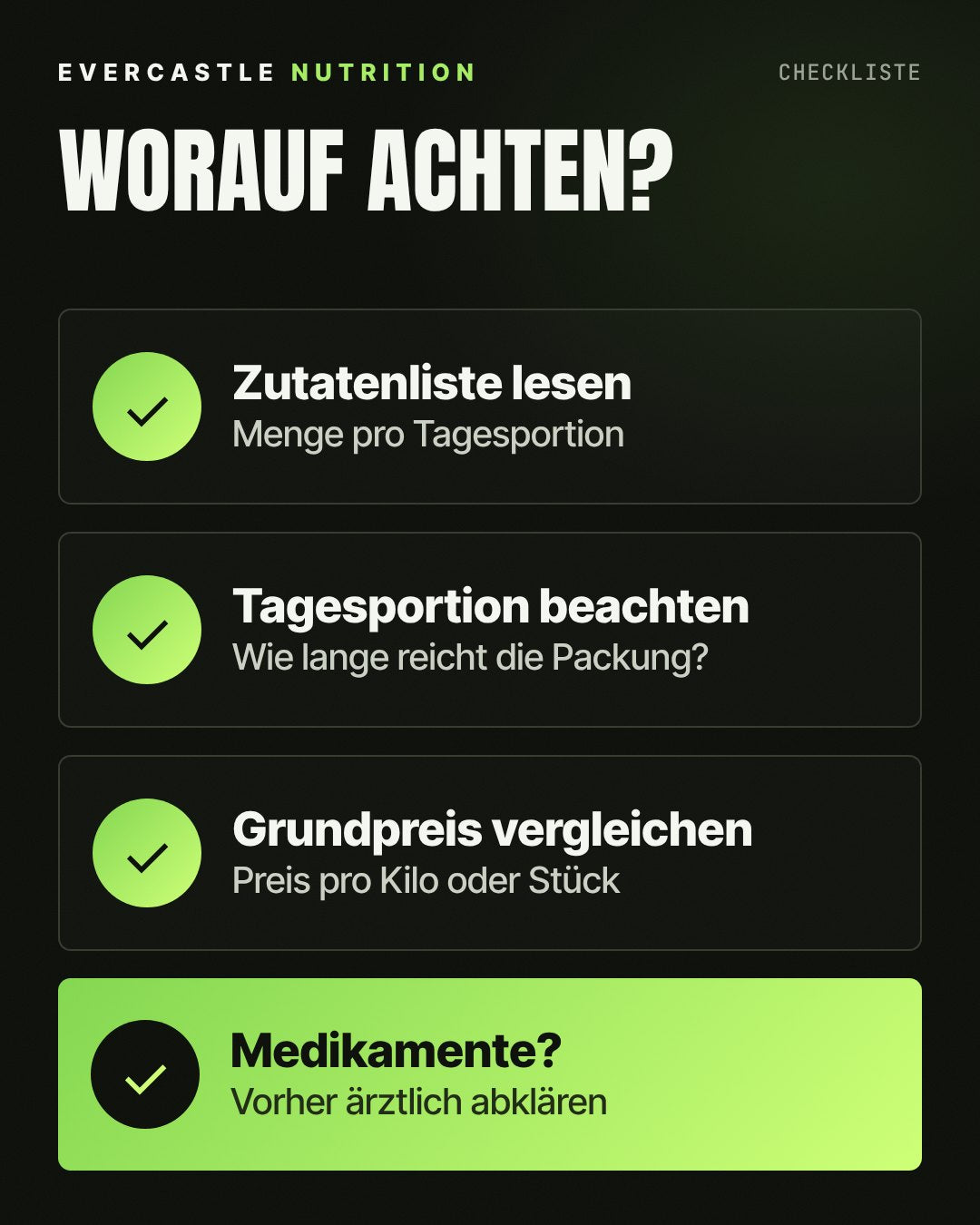 Checkliste für den Kauf von Supplements für Knochen und Gelenke: Zutatenliste lesen, Tagesportion beachten, Grundpreis vergleichen, bei Medikamenten vorher ärztlich abklären
