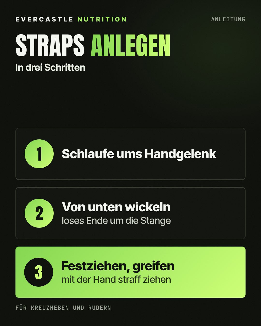 Lifting Straps richtig anlegen in drei Schritten: Schlaufe ums Handgelenk, loses Ende von unten um die Stange wickeln, mit der Hand festziehen und greifen