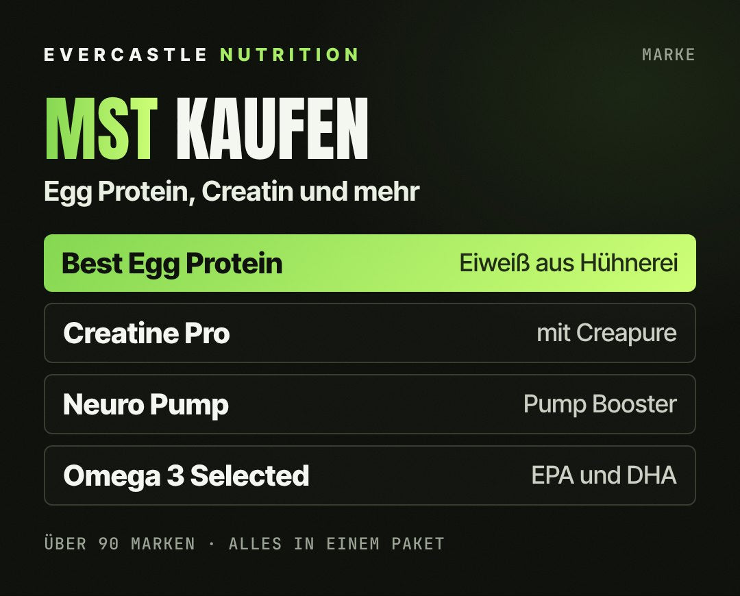 MST bei Evercastle: beliebte Produkte wie Best Egg Protein, Creatine Pro mit Creapure, Neuro Pump und Omega 3 Selected