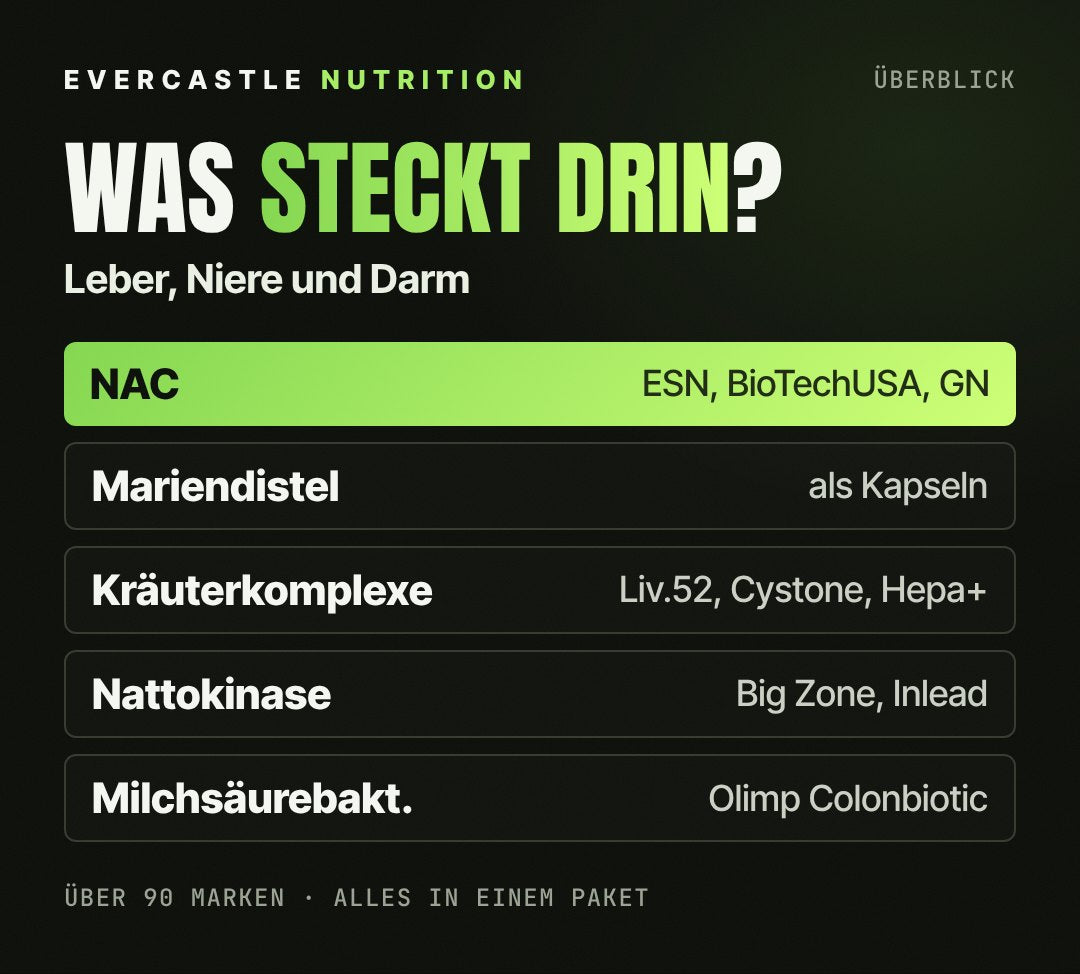 Inhaltsstoffe in der Kategorie Organgesundheit: NAC, Mariendistel, Kräuterkomplexe wie Himalaya Liv.52 und Cystone, Nattokinase und Milchsäurebakterien