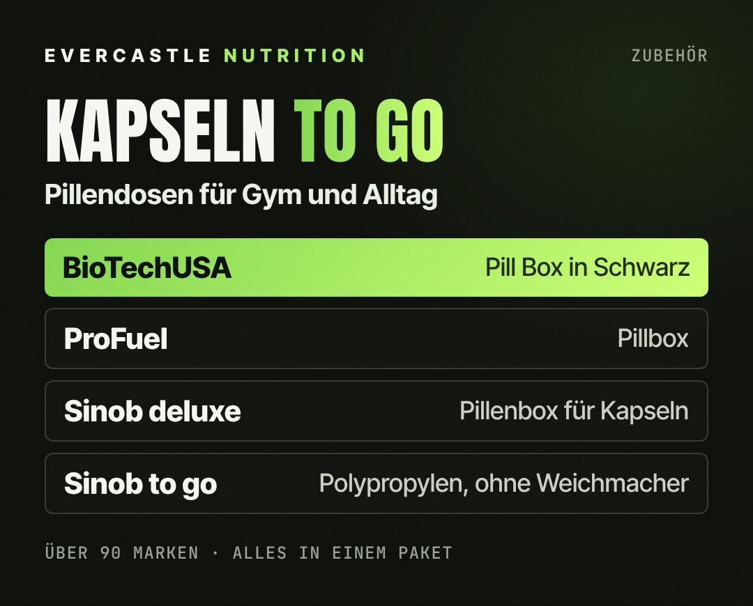 Pillendosen bei Evercastle: BioTechUSA Pill Box, ProFuel Pillbox, Sinob Pillenbox deluxe und Sinob Pillendose to go für Kapseln und Tabletten unterwegs