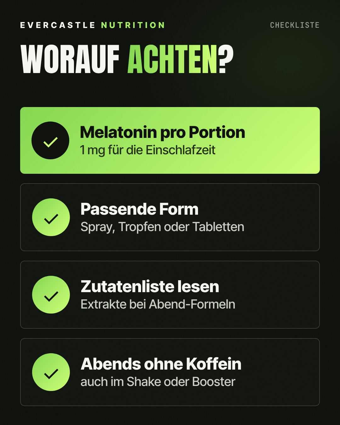 Checkliste für Schlaf Supplements: Melatonin pro Portion prüfen, passende Form wählen, Zutatenliste lesen und auf Koffein am Abend verzichten
