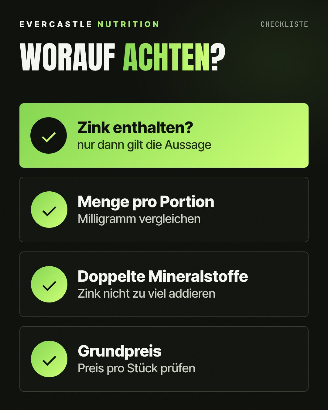 Checkliste für Testobooster: Zink enthalten, Menge pro Portion vergleichen, doppelte Mineralstoffe vermeiden und Grundpreis prüfen