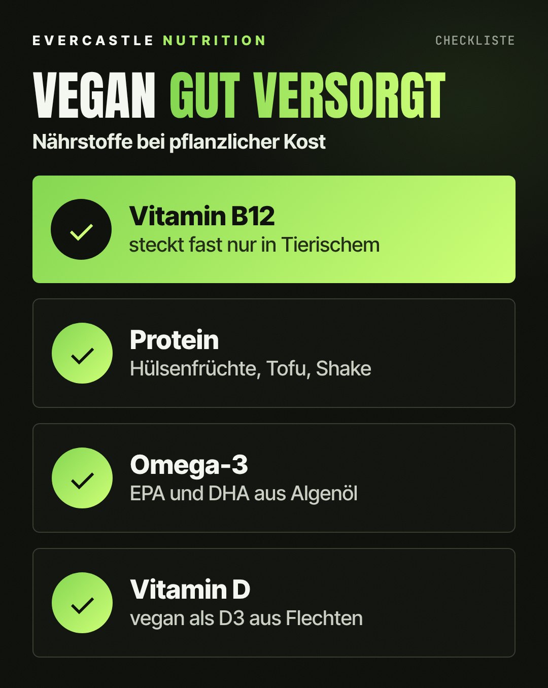 Checkliste vegane Ernährung: Vitamin B12 steckt fast nur in tierischen Lebensmitteln, Protein aus Hülsenfrüchten, Tofu und Shake, Omega-3 als EPA und DHA aus Algenöl, Vitamin D3 aus Flechten
