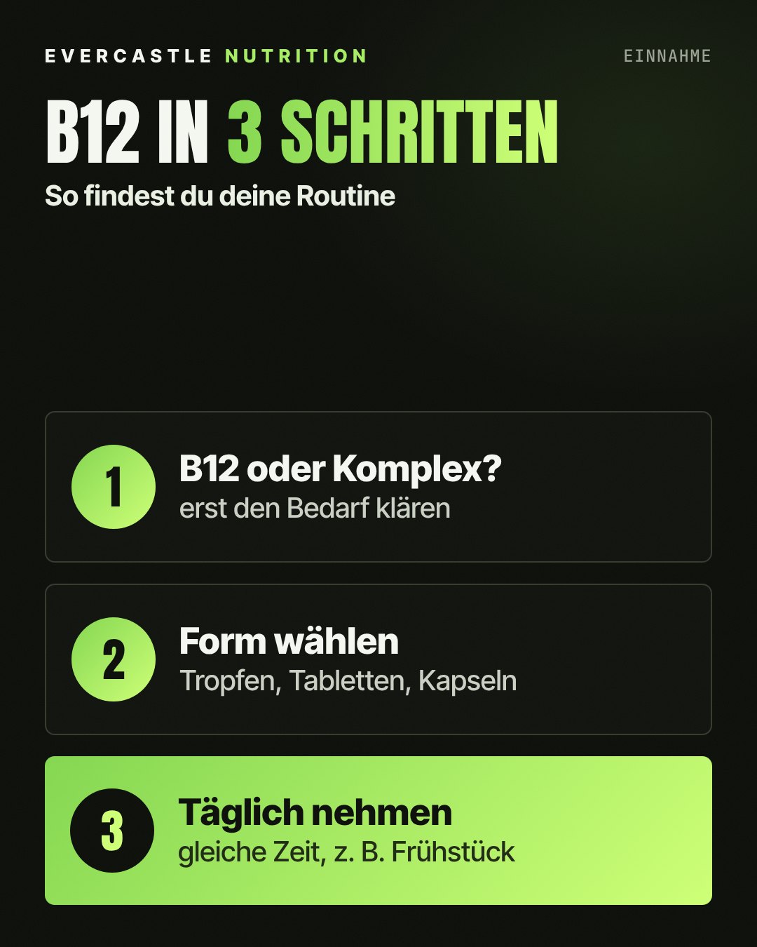 Vitamin B12 Einnahme in drei Schritten: erstens klären, ob B12 allein oder ein Komplex, zweitens Form wählen zwischen Tropfen, Tabletten oder Kapseln, drittens täglich zur gleichen Zeit nehmen, am besten zum Frühstück