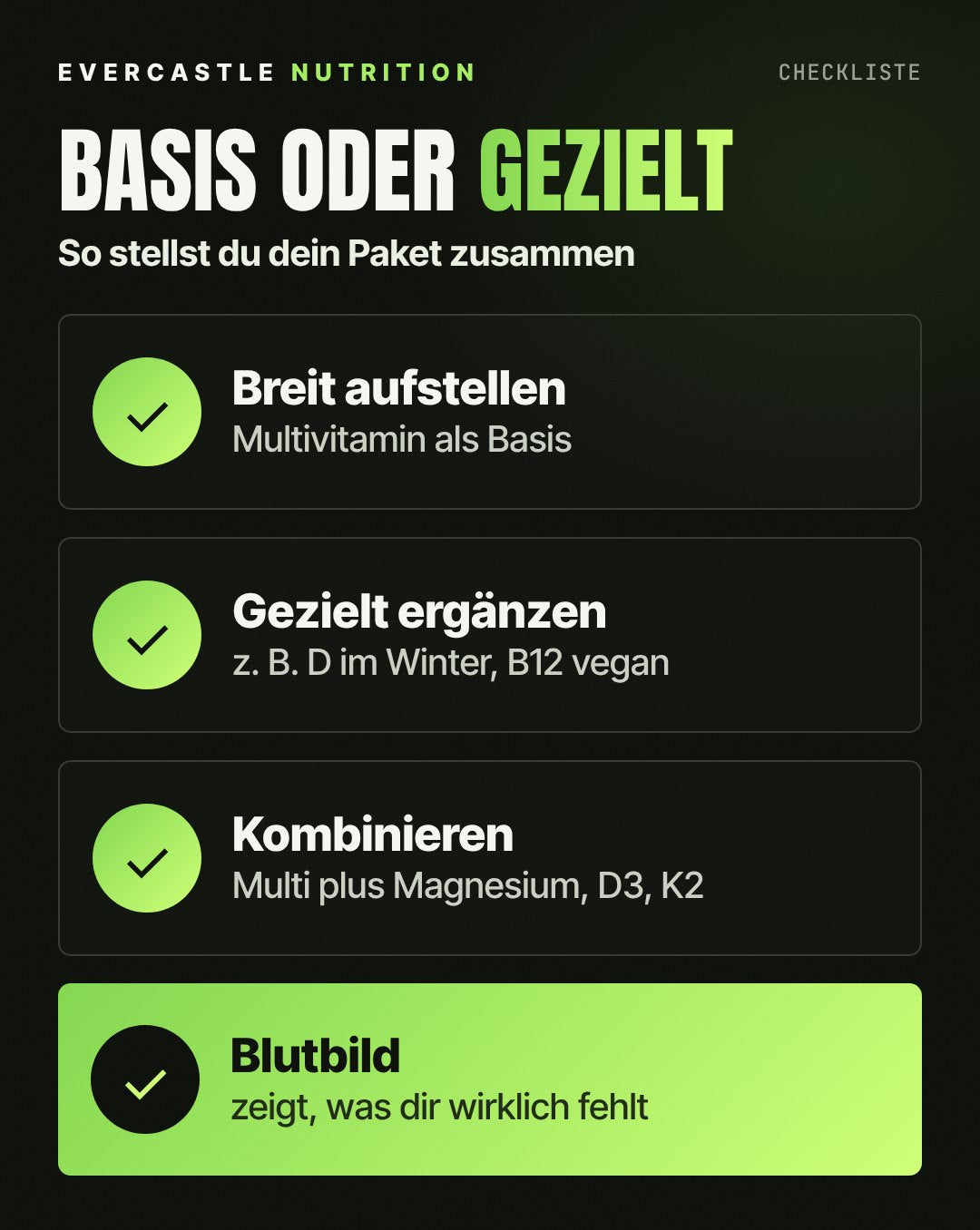 Checkliste Basis oder gezielt ergänzen: Multivitamin deckt viele Mikronährstoffe ab, Einzelpräparate wie Vitamin D im Winter oder B12 bei veganer Ernährung, Kombination aus Multivitamin, Magnesium, D3 und K2 und Omega-3, Blutbild beim Arzt