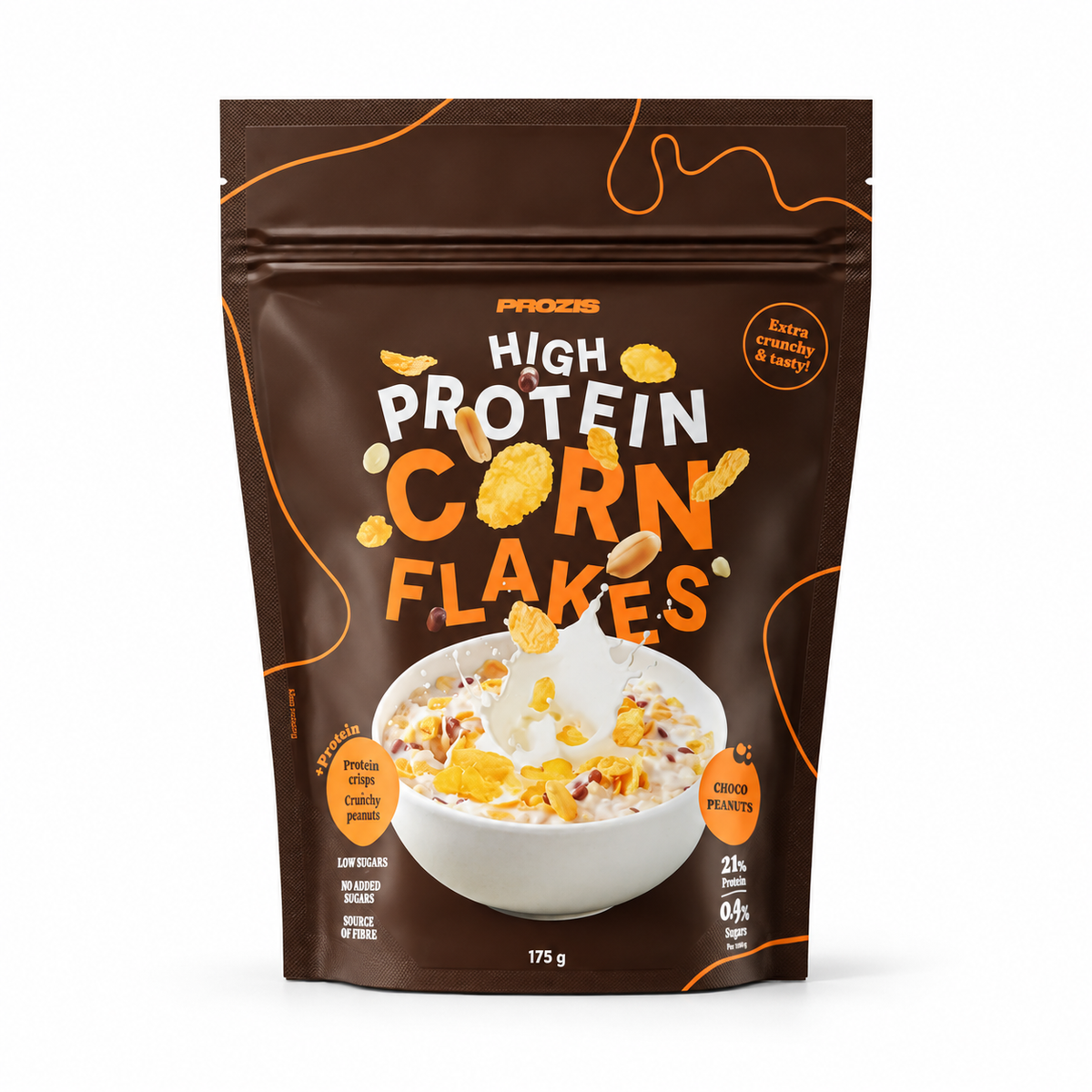 Prozis Proteinreiche Cornflakes 175g – Schokolade & Erdnuss – Studio-Produktfoto