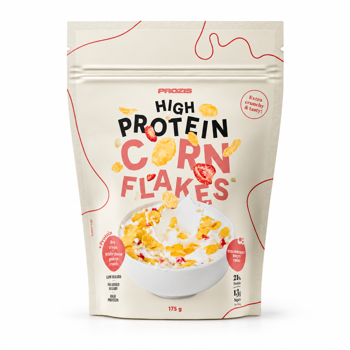 Prozis Proteinreiche Cornflakes 175g – Erdbeere & weiße Schokolade – Studio-Produktfoto